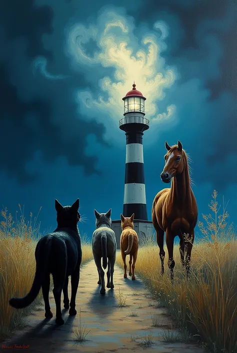 Peinture abstraite phare de nuit  en contre plongée avec un chat noir, un chat européen short-hair un chien, un cheval allant vers ce phare. Derrière un nuage menaçant 