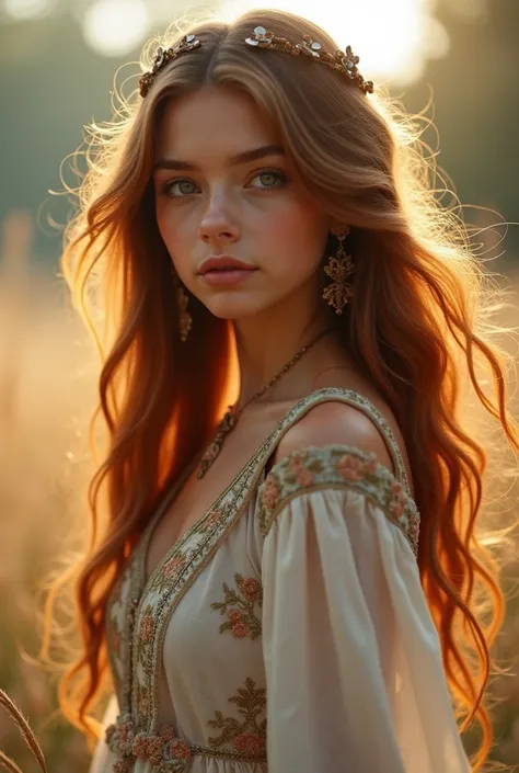  Beautiful girl with long wavy hair, bohemian dress
