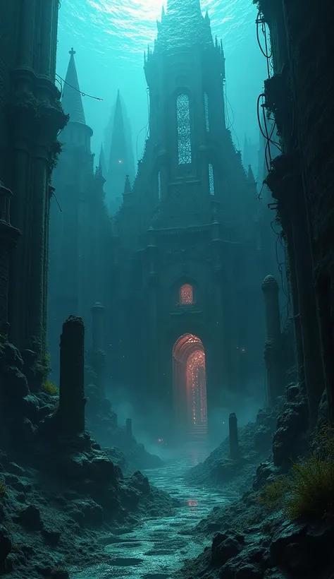 Beneath murky waters, a troubled, gothic underwater city shimmers and shimmers with mysterious beauty. In this digital painting, the main subject is an imposing cathedral-like structure made of glowing pixels and dark, decaying architecture. The image is a...