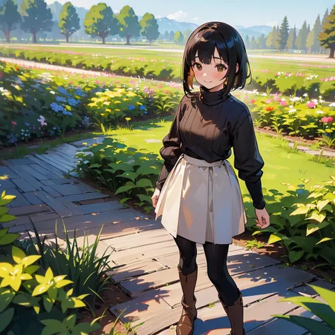 ( High Quality ,  high definition , Very detailed, reality:1.37), Peaceful atmosphere, (Outdoor, garden),  teenage girl standing alone,  Beautiful details,  cute smile with blush, (Black Bob), Ribbed sweater,Brown skirt, Black tights,  brown boots .