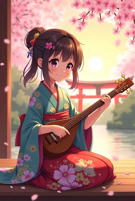 An anime-style illustration of a young girl playing the shamisen, set in a traditional Japanese scene. She has large, expressive eyes and a serene smile, her colorful kimono adorned with vibrant floral patterns that flow elegantly as she sits on a wooden s...