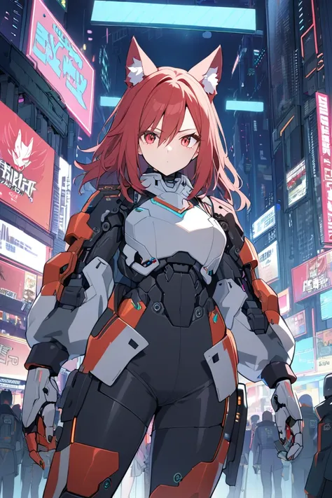 (( 1 girl)),  gaze,  wolf cut,red hair, red eye,  character design drawing,stand up straight,cool,cyber city,combat uniform,cyborg,