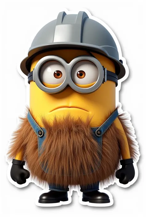 Bitter minion with hairy arms and chest wearing gray helmet, working in construction . On white background,  type sticker  