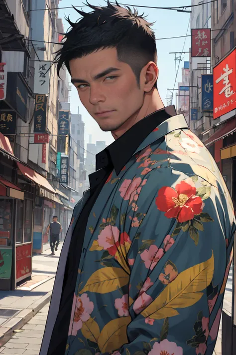 (Masterpiece, high resolution, best quality), solo, 1 male, 50-years old man, asian, black hair, crew cut, slant eyes, tall and muscular, floral shirt, looking at viewer, upper body, cityscrape background