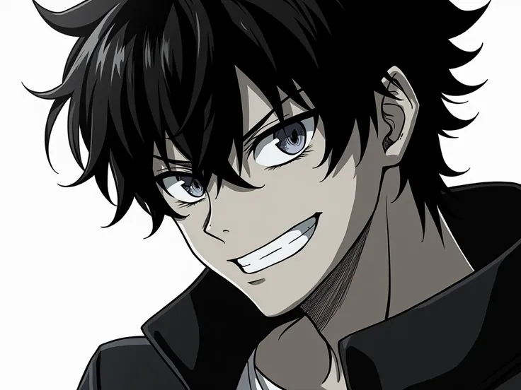 an anime character, male adult character, intense lighting, highly detailed, anime style, mangà style,looking at camera,8k, just black and white, black hair,,with eyes shining,smile on face