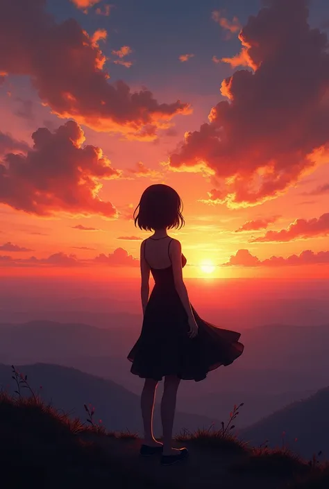 A girl from behind watching the sunset horizon, an impressive, realistic Sunset, With short black dress