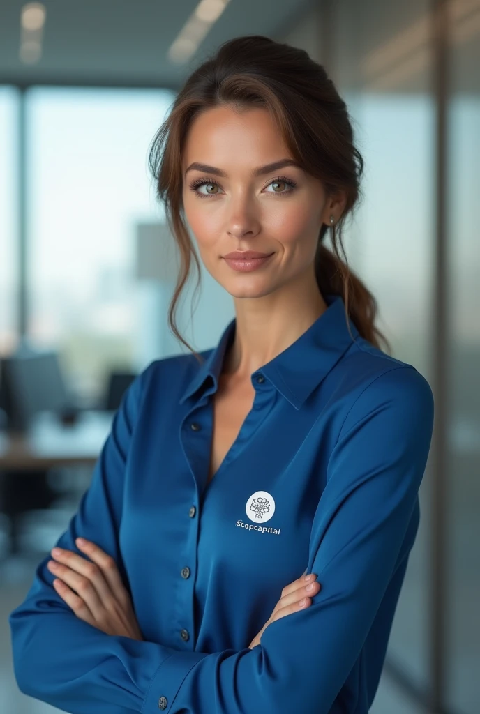 MAKE A MANAGER WEARING A BLUE BLOUSE WITH THE SCOPCAPITAL LOGO