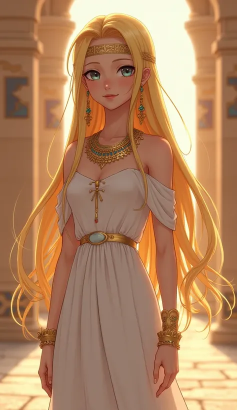 Beautiful and captivating anime style illustration depicting a charming and beautiful girl with fair skin, long silky yellow hair, side bangs, and blue-gray eyes. She wore a flowing white dress, a gold necklace set with various gemstones, gold earrings and...