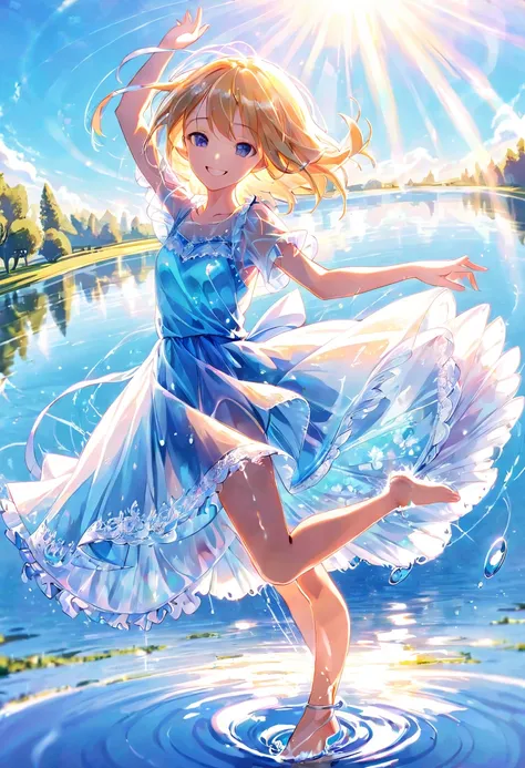 (fantasic illustration), A girl dancing on the morning lake sparkling in the morning sun. She is wearing a transparent light blue dress. long shot. Splashing water at my feet. enjoy smile,