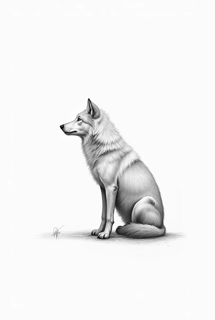 Pencil drawing without details of a black-and-white wolf sitting looking 