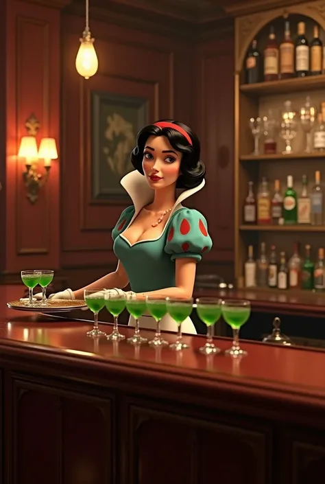 Vintage view , Snow White, now more adult, is the bartender of a classic luxury bar from the 1950s, showing and displaying her 8 mini green drinks.