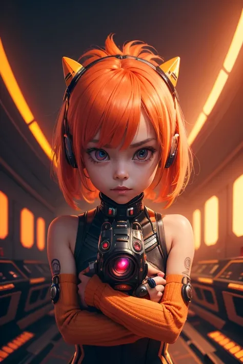 Extraordinary wide portrait of an adorable, unknown, microscopic cyberpunk alien species on a high-tech orange professional fashion photography technology style, 8k, adorable