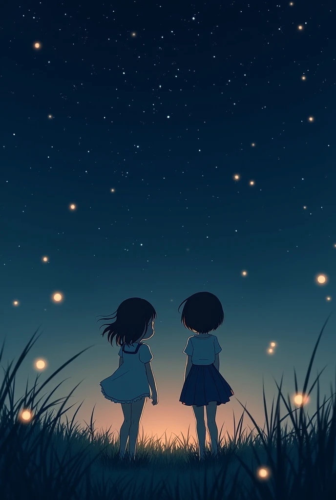 Two girls sitting looking at the dark night sky on a field with fireflies at night anime style