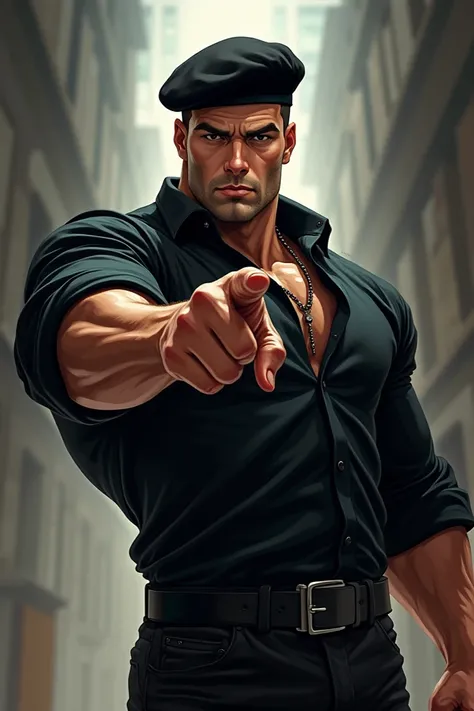 man, muscular,  pointing forward , Serious look, beautiful,  black dress shirt with raised sleeves, black beret, rosary on the chest ,  anime style 