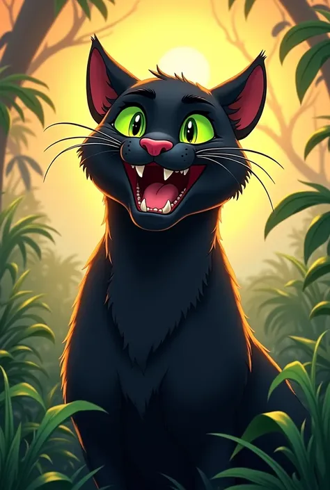 Create an animated cover of a black puma with green eyes smiling happily 