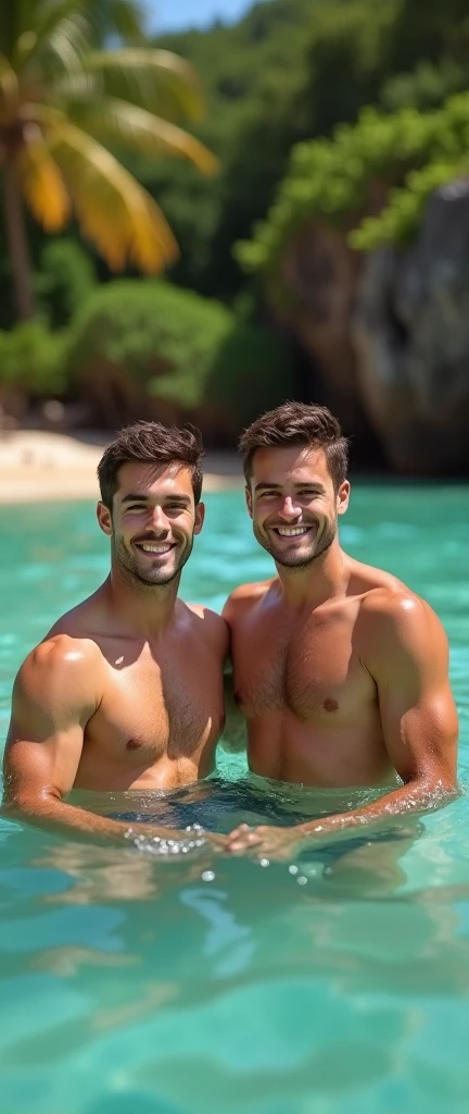 Highest quality portrait of two young guys on the beach knee-deep in water. Two young attractive boys swimming in the sea, completely naked with beautiful strings, beautiful green beach with palm trees and flowers, beautiful , smiling , Friends . Photo por...