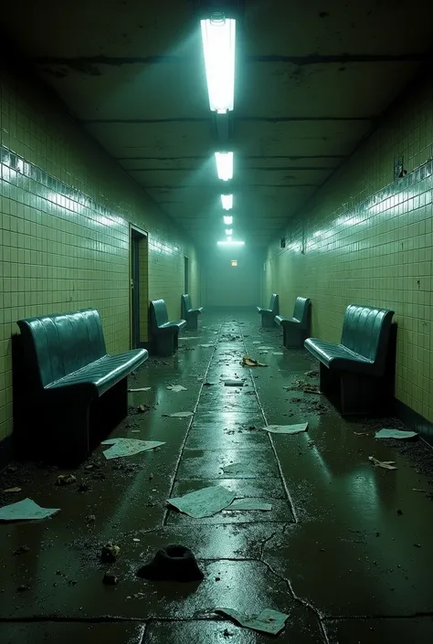 An empty American subway station destroyed by a fight in the dark