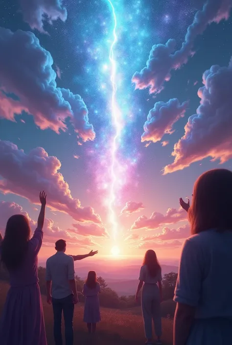 People looking at the sky , the sky is opening up in a beautiful way, people with their hands up  