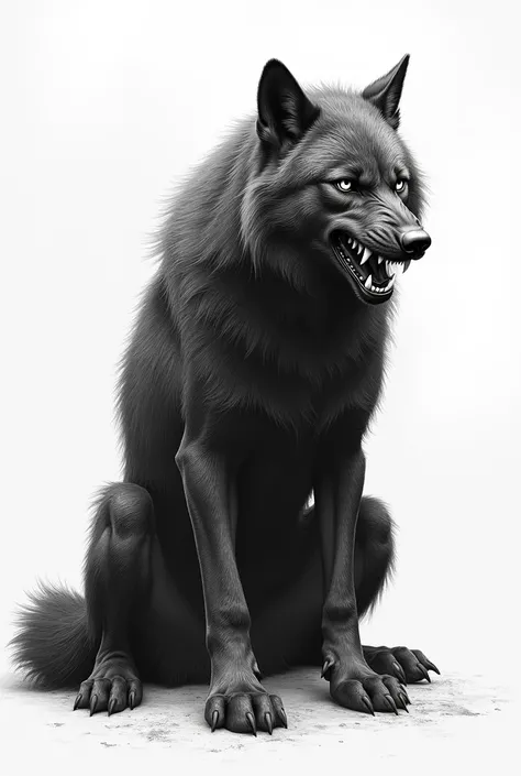 Pencil drawing without details of a seated black-faced wolf looking angrily to the side
