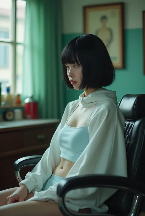  one girl,  black hair, bangs, Bob Haircut,  Im wearing a white poncho for a haircut ,  sitting on a barber chair with her back stretched out,  inside an old Showa retro barber shop , Mental Silence , Transcendent Silence,  absurd,anxiety、regret、  high def...