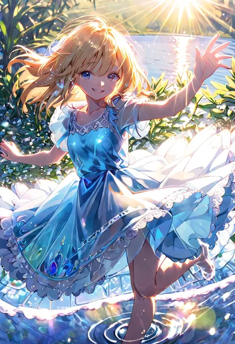 (fantasic illustration), A girl dancing on the morning lake sparkling in the morning sun. She is wearing a transparent light blue dress. long shot. Splashing water at my feet. enjoy smile,