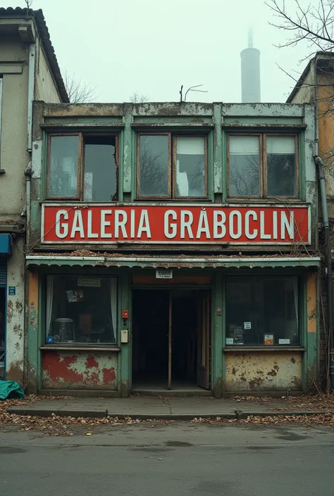 Generate the photo of small shopping mall called”galeria grębocin” in small polish town, the town is very bad looking like slums and the shopping mall is also gross, let there be banner with name of it