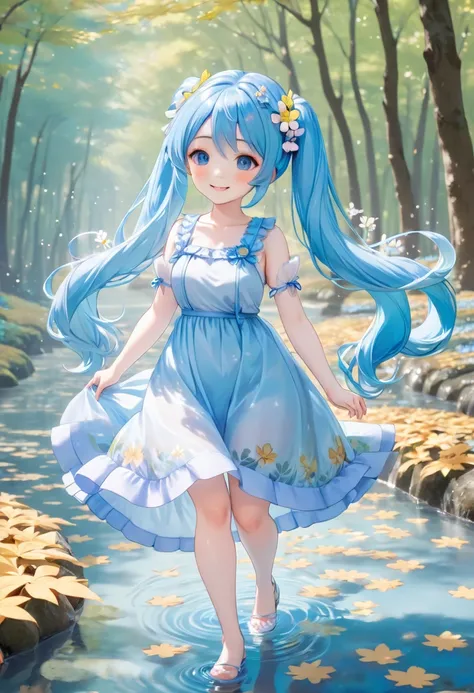 close-up of a doll with flowers ,  long light blue hair、 girl with twin tails 、smile、The path in the Momiji Forest 、 is walking on fallen leaves、Cute and lovely,   cute and cute  ,  cute anime wife standing in the water with blue hair in a nice dress,  cut...