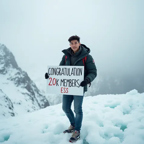  The close-up photo shows a handsome man  (white, aged 20 years, Asian face) , wearing a thick jacket ,  jeans and Jordan ,  posing a focused view in front of the camera and carrying a sign that reads "CONGRATULATION 20K MEMBERS ESS " ,  sneakers on a high...