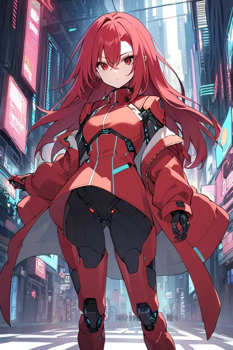 (( 1 girl)),  gaze, ((crimsonred hair)), red eye,  character design drawing,stand up straight,cool,cyber city,combat uniform,cyborg,red long coat

￼


