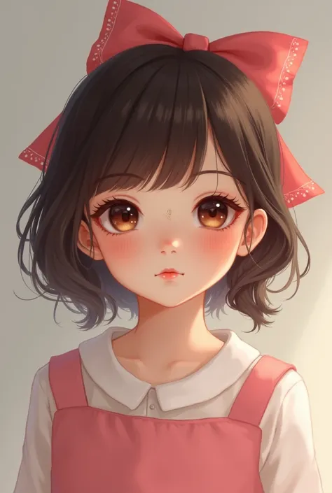 Baby girl ,  with dark brown red hair ,  small eyes almost Chinese dark brown, lunar below the lip,  pink clothes and a bow on her head 