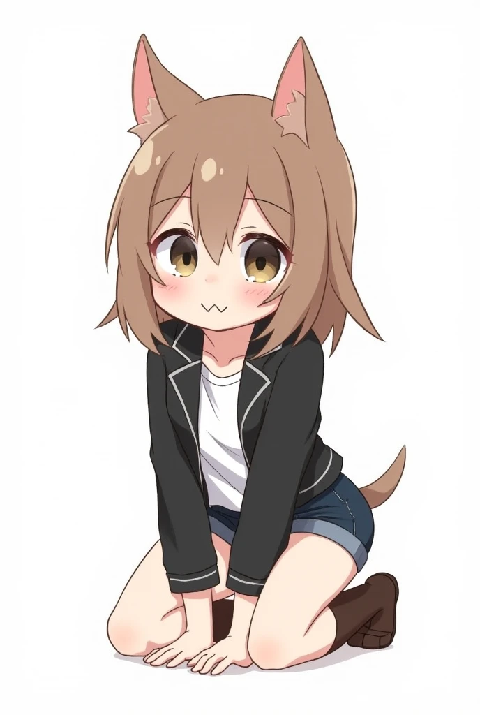  1 girl,  animal ears ,  bangs between eyes, tooth, Brown Hair, accurate, chest,  dog ear, Grin, Grin,  simple background, Movement illustration,  illustration , whole body,squat,Place both hands on the ground，Shorts，Leather jacket,オヘソが出てる