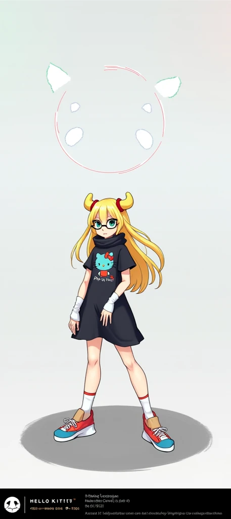 Female character with long blond hair, black glasses and yellow horns, a smile and white skin and a black Hello Kitty shirt and a black scarf 