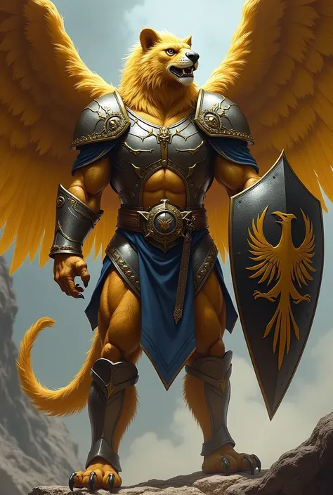 A man with golden eagle wings and lion legs ,  wearing shiny armor with silver and blue details .  He has a fierce expression and holds a shield with the emblem of a flying eagle.