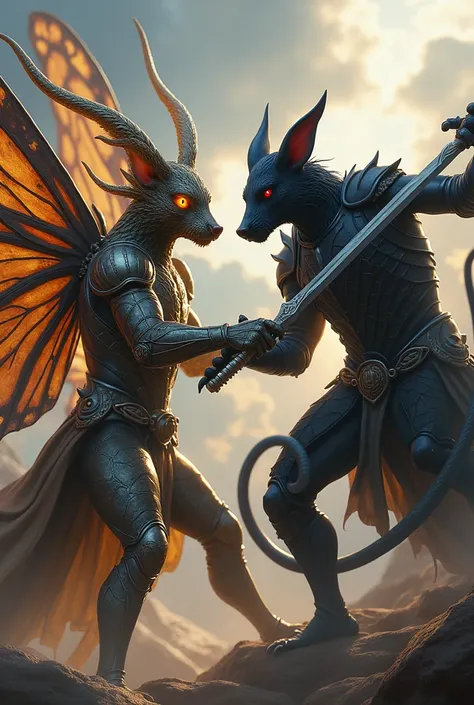 An epic battle image of an armored humanoid butterfly with a hat that has two butterfly tentacleson the left and right of an armored humanoid black rat fighting with a hat. 
The shape of the head of the black mouse and the sword 
 With more precision and m...