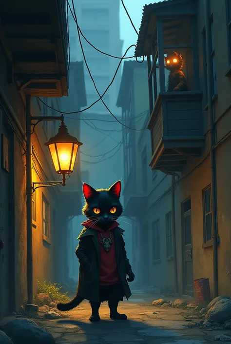 

** Poster Description :**
In an abandoned alley,  under the faint light of a street lamp ,  is the Bandit Cat ,  a mischievous and defiant feline . She is in the shade ,  watching with cunning eyes ,  with an attitude that denotes his free and bold spiri...