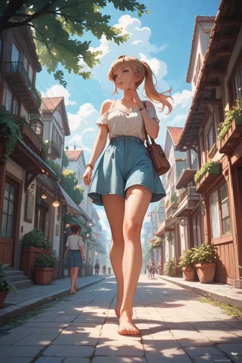  girl walking,anime-style drawings, wearing a casual dress, put hand next to mouth and call out, whole body, ponytail, barefoot ,look around ,low angle from the front, wide-angle lens、