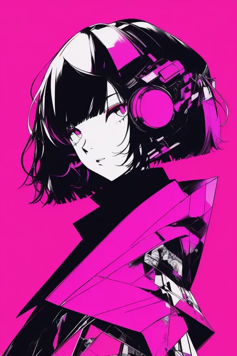 ( is of the best quality, sketch:1.2), actual , illustration designer , Japanese Animation,1 Mecha Girl ,  Future Tech Mecha ，，8,CUSTOM, ( Fuchsia Monochrome Background), neon hairstyle ,Texture Clipping, masterpiece, Retro style, Deep Black, , sketch book...