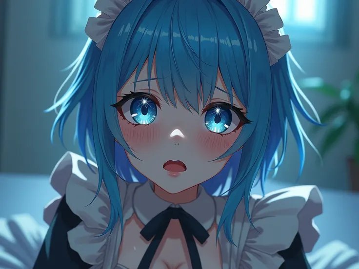  1 girl,  high definition , Blue Hair/Light blue hair, tears,  Maid Head Accessory ,  anatomically correct, accurate,  best quality,  Big Breasts ,  cry with their eyes open,  my eyes are diamonds, 