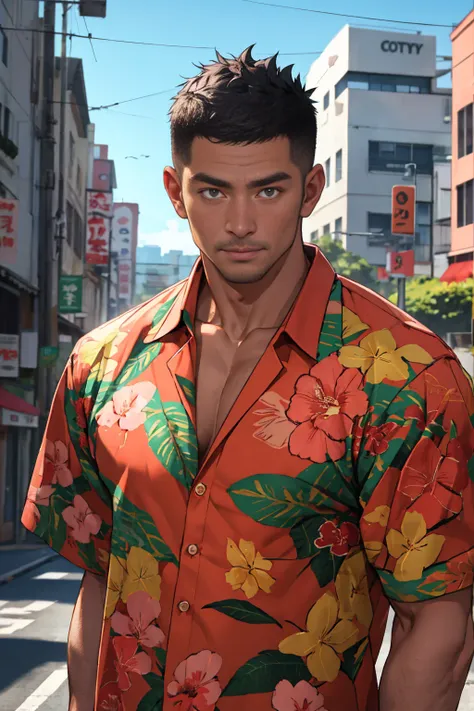 (Masterpiece, high resolution, best quality), solo, 1 male, 50-years old man, asian, black hair, crew cut, slant eyes, tall and muscular, aloha shirt, looking at viewer, upper body, cityscrape background