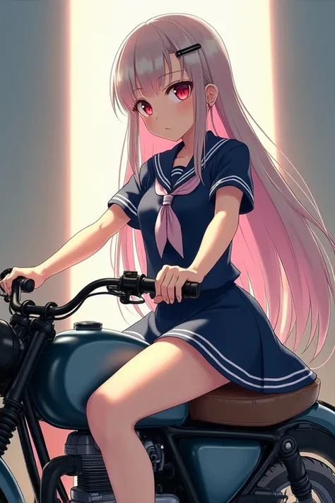 Platinum bronze long hair 、Red eyes、 College Student 、Ride a motorcycle 、 No Emotion、 hair inner color light pink purple、 short sleeve short navy blue sailor suit 、 black hairpin 、Ahoge、 mature、Backlight、cool