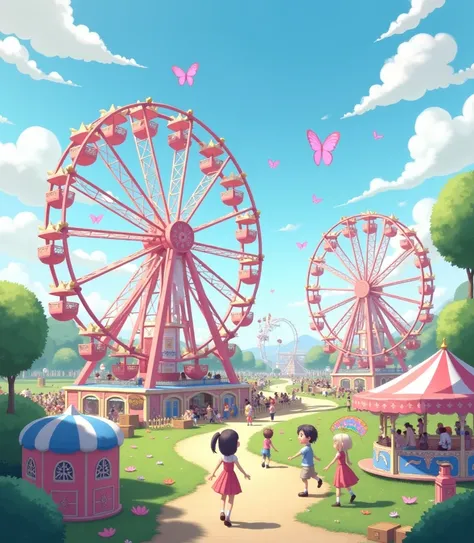 Build an amusement park with pink and white ferris wheels,  and a few butterflies flying in the sky ，