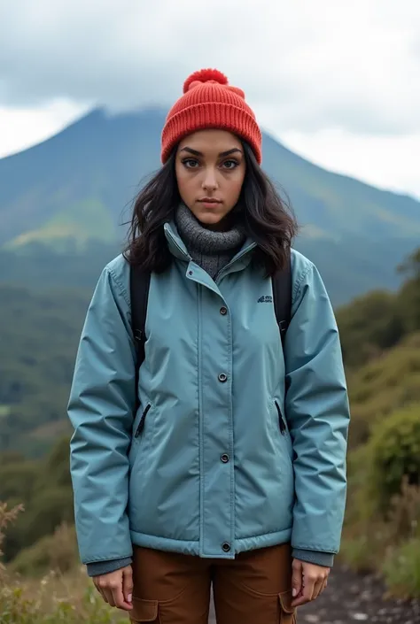 Real human photo, Fika is a young woman with shoulder length  wavy  black hair ,  medium body,   and fair skin. She has well-defined eyebrows, large black eyes, . Wearing light blue winter jacket, red beannie, brown cargo pant,  She is standing facing forw...