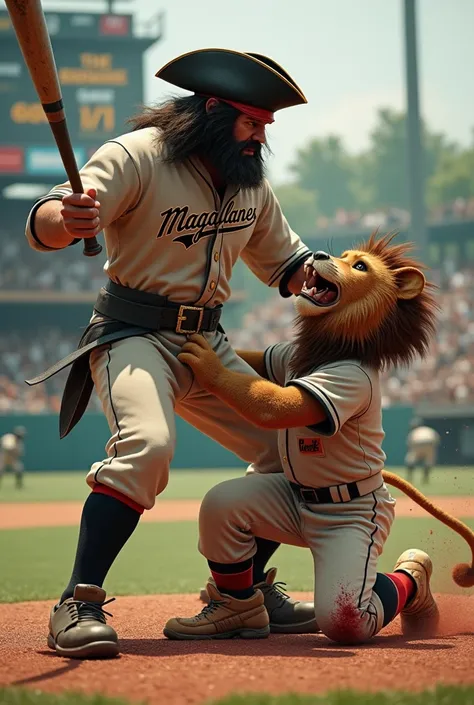  A pirate dressed in a baseball uniform that Magallanes says On his chest,  he fiercely hits a young humanoid lion ,  with a baseball bat .  The lion is also dressed in a baseball uniform that says Caracas , Hes bleeding and scared on his knees 