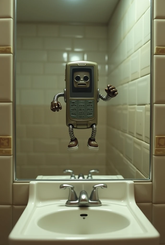  A 2011 phone floating in a bathroom taking a selfie in the mirror,  not legs , neither arms , Neither mouth nor anything with a camera