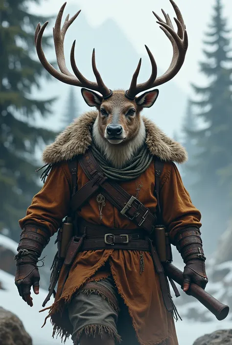 Reindeer-headed hunter with brown leather clothing