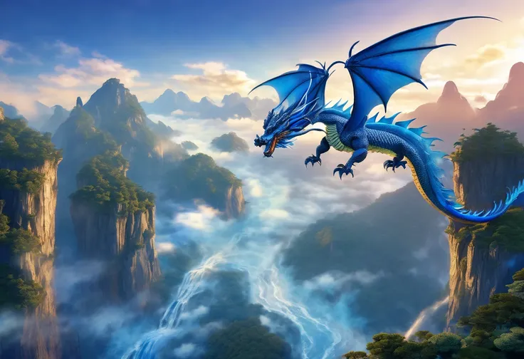  A blue dragon flying between floating mountains in the sky , At dusk.  The wings are large and membranous ,  with bright eyes and details on the scales . The style is hyperrealistic,  with warm lighting and long shadows .  The sky is full of fluffy clouds...