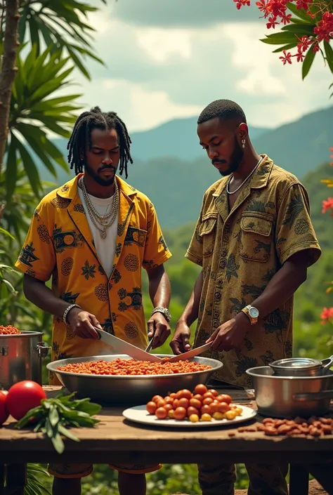 I want an image of Kendrick Lamar and Travis Scott cooking Honduran gunshots

