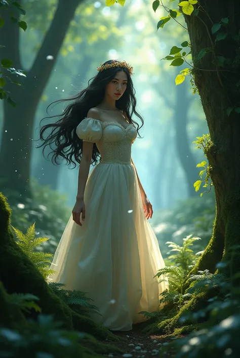  beautiful and beautiful Snow White princess lost in a forest with trees and green leaves ,