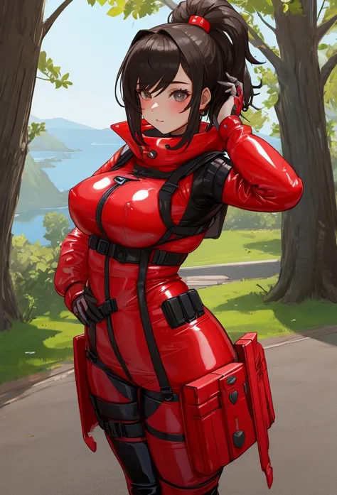 A cute teenage girl wearing a sexy apex legends conduit latex cosplay, standing