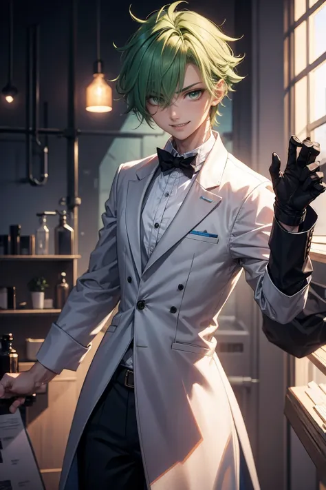 MAD SCIENTIST MALE, solo androgynous man, fully clothed in lab scientist attire, sharp features, skinny, thin waist, sharp teeth, smiling wide, long messy green hair, bangs covering one eye, green eyes, pale skin, button nose, full lips, male, flat masculi...